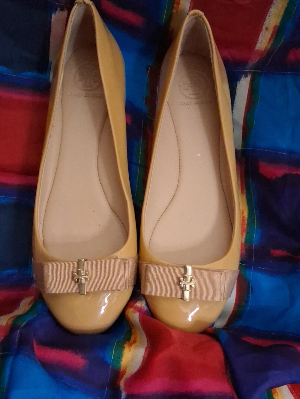 Tory Burch Mustard Patent Leather Bow Flats with Gold Logo